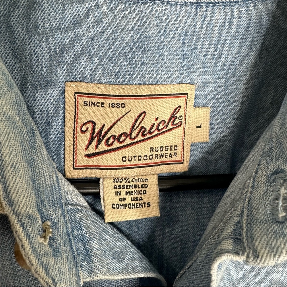 Vintage Woolrich Denim Shirt Elbow Patch Contrast Canvas Collar Work Shirt Large - Picture 2 of 4